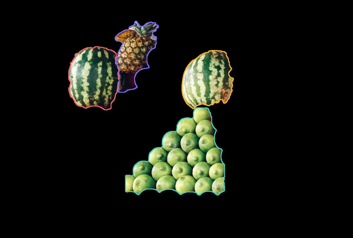 La misma escena con el fondo en negro: solo quedan las dos sandías, la piña y el montón de limas, cada uno con su contorno de color.